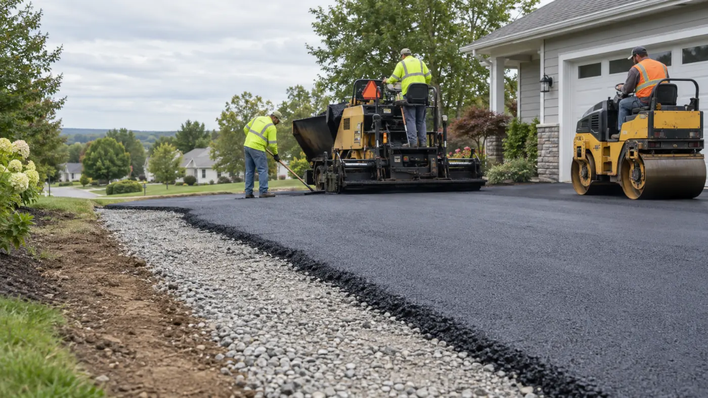 Crew installing a residential asphalt driveway over a prepared aggregate base