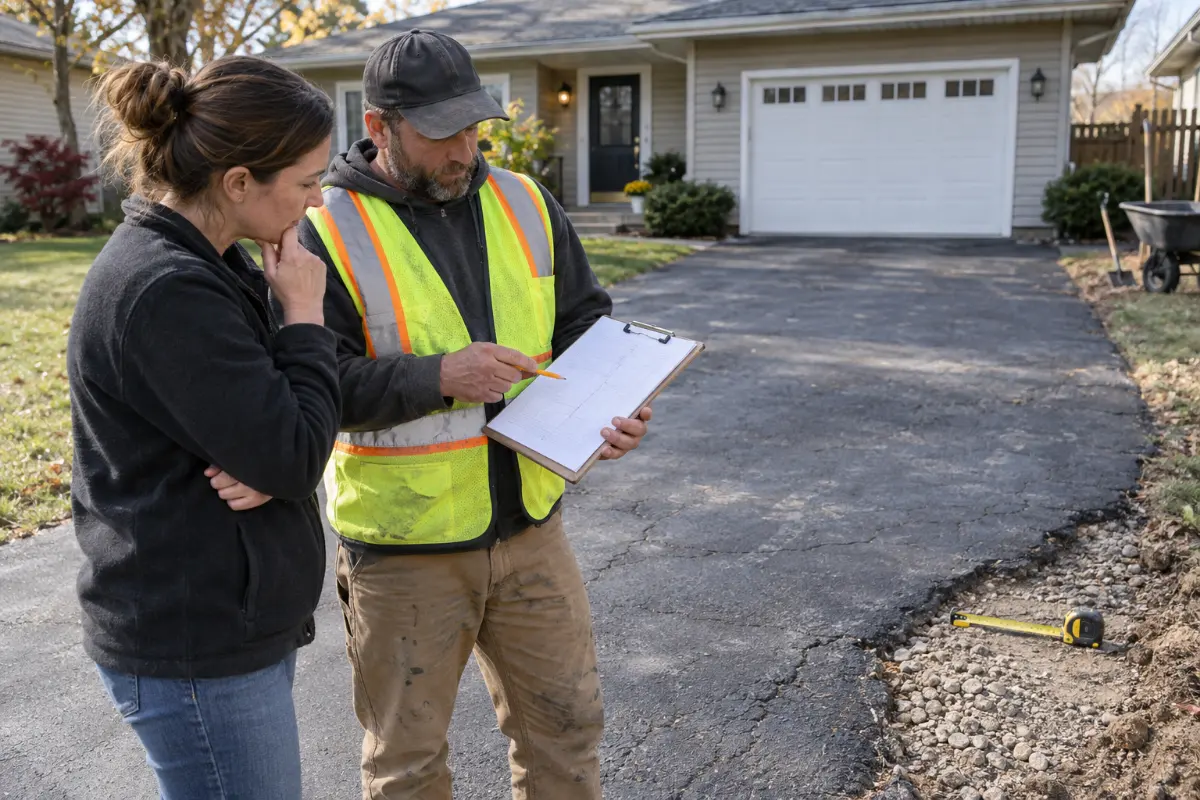 Homeowner and paving contractor reviewing a written driveway scope beside existing pavement and exposed aggregate