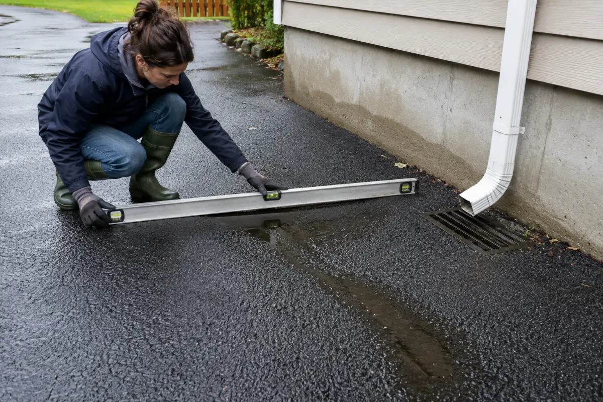 Homeowner checking the pitch of a wet asphalt driveway with a long level beside a foundation and channel drain