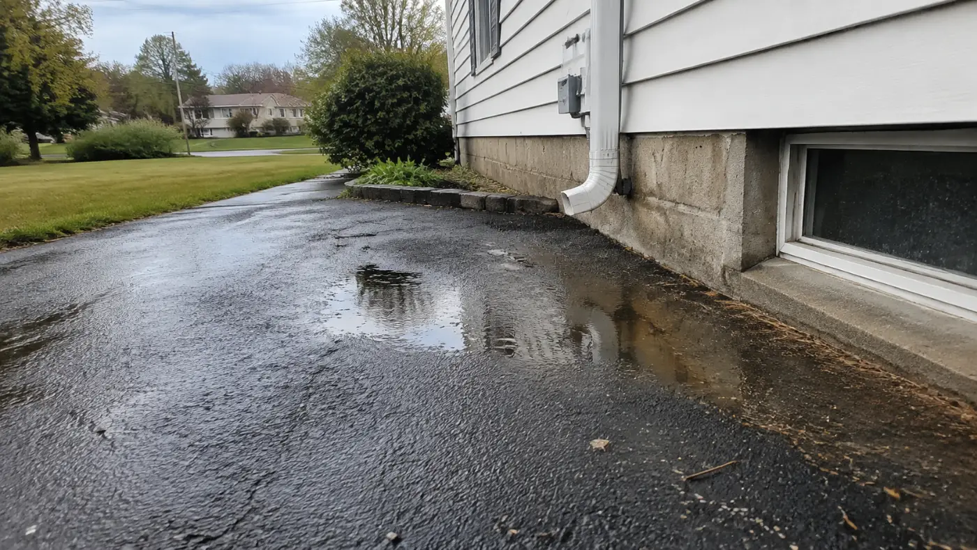 Rainwater pooling on an asphalt driveway beside a concrete foundation
