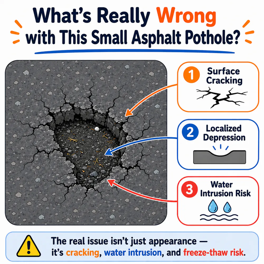 Diagram of the cracks, depression, and water risk around a small asphalt pothole